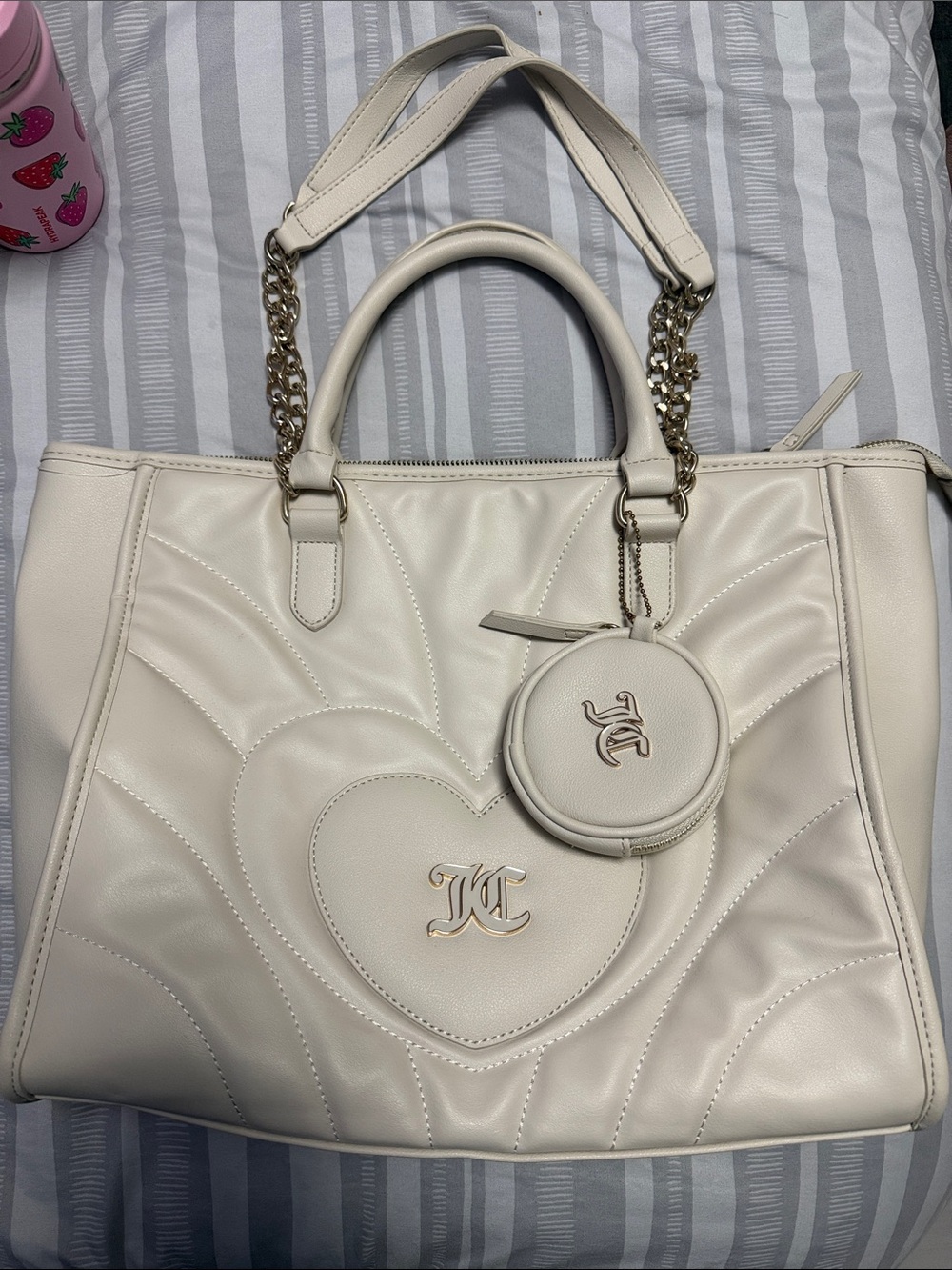 Elegant Cream Quilted Heart Tote with Chain Handles